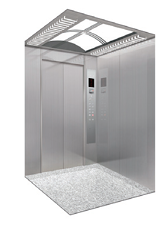 OS-K001 passenger lift cab with hairline stainless steel car walls and an arched top plate ceiling