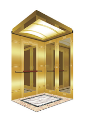 OS-K003 passenger lift cab with titanium-plated car walls, vaulted translucent light board ceiling and wood handrail