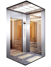OS-K004 passenger lift cab combining rose gold etched stainless steel with mirror and hairline stainless steel