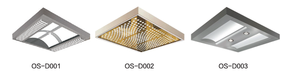 Ceiling series: OS-D001 patterned stainless with curved centre, OS-D002 gold perforated with downlights, and OS-D003 brushed stainless with flush light panels