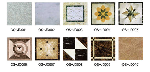 Floor series OS-JD001 to OS-JD010: plain granite and marble, bordered panels, floral and star medallion inlays, and patterned stone