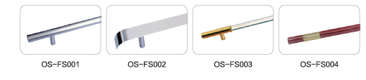 Handrail series: OS-FS001 round tubular, OS-FS002 flat blade, OS-FS003 slim square with gold trim, and OS-FS004 timber-effect