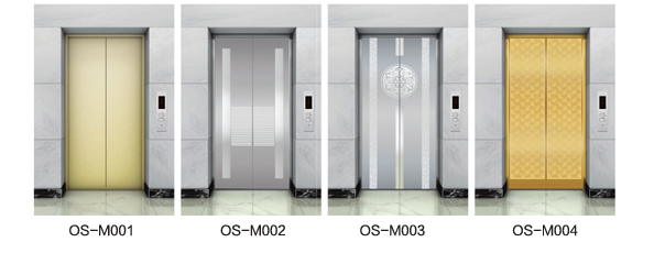 Landing door series: OS-M001 gold plain, OS-M002 hairline stainless with louvre detail, OS-M003 etched medallion design, and OS-M004 gold patterned